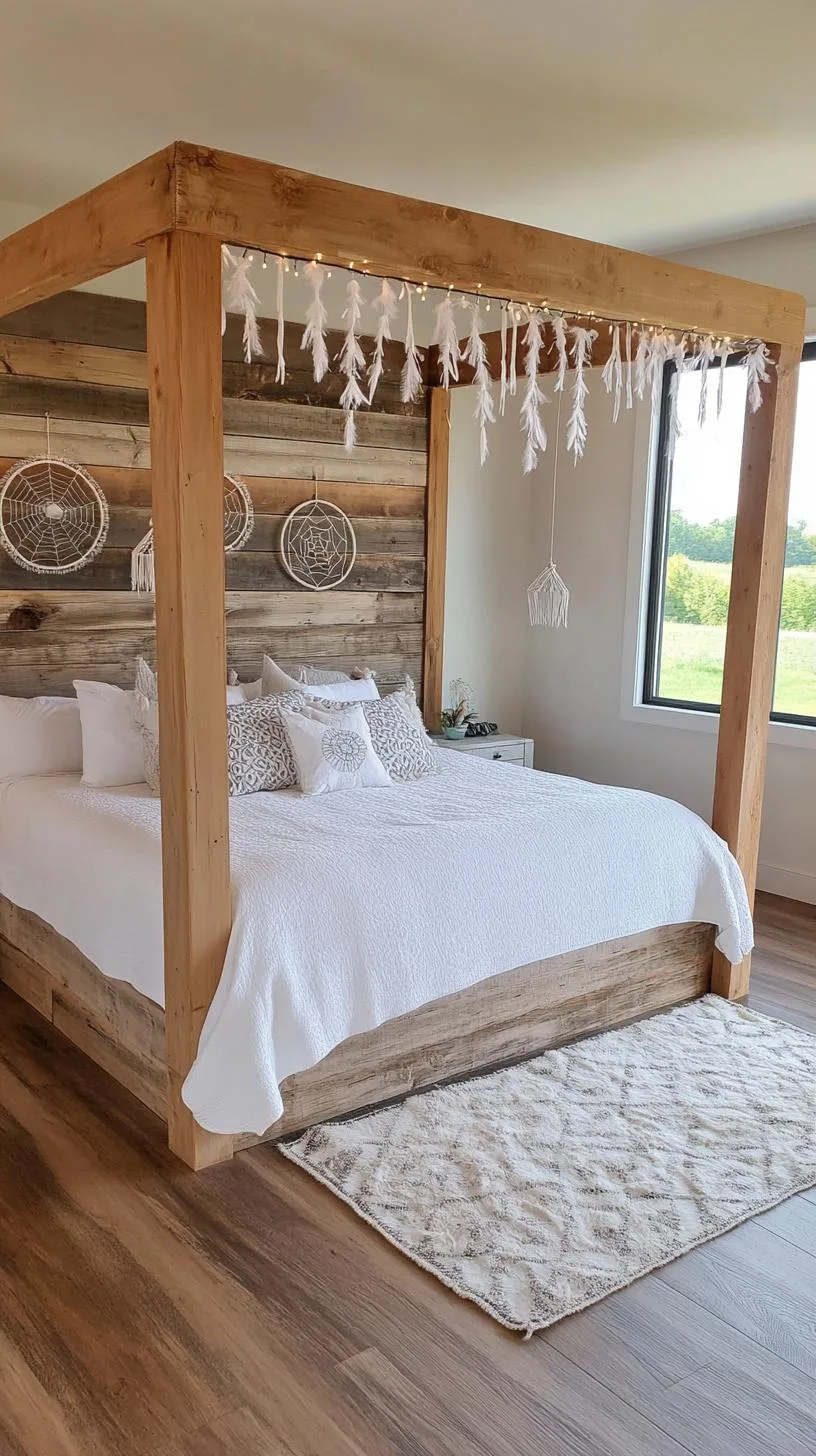 6. Highlight a statement wall of reclaimed barn wood behind a canopy bed adorned with tassel garlands and dream catchers-3