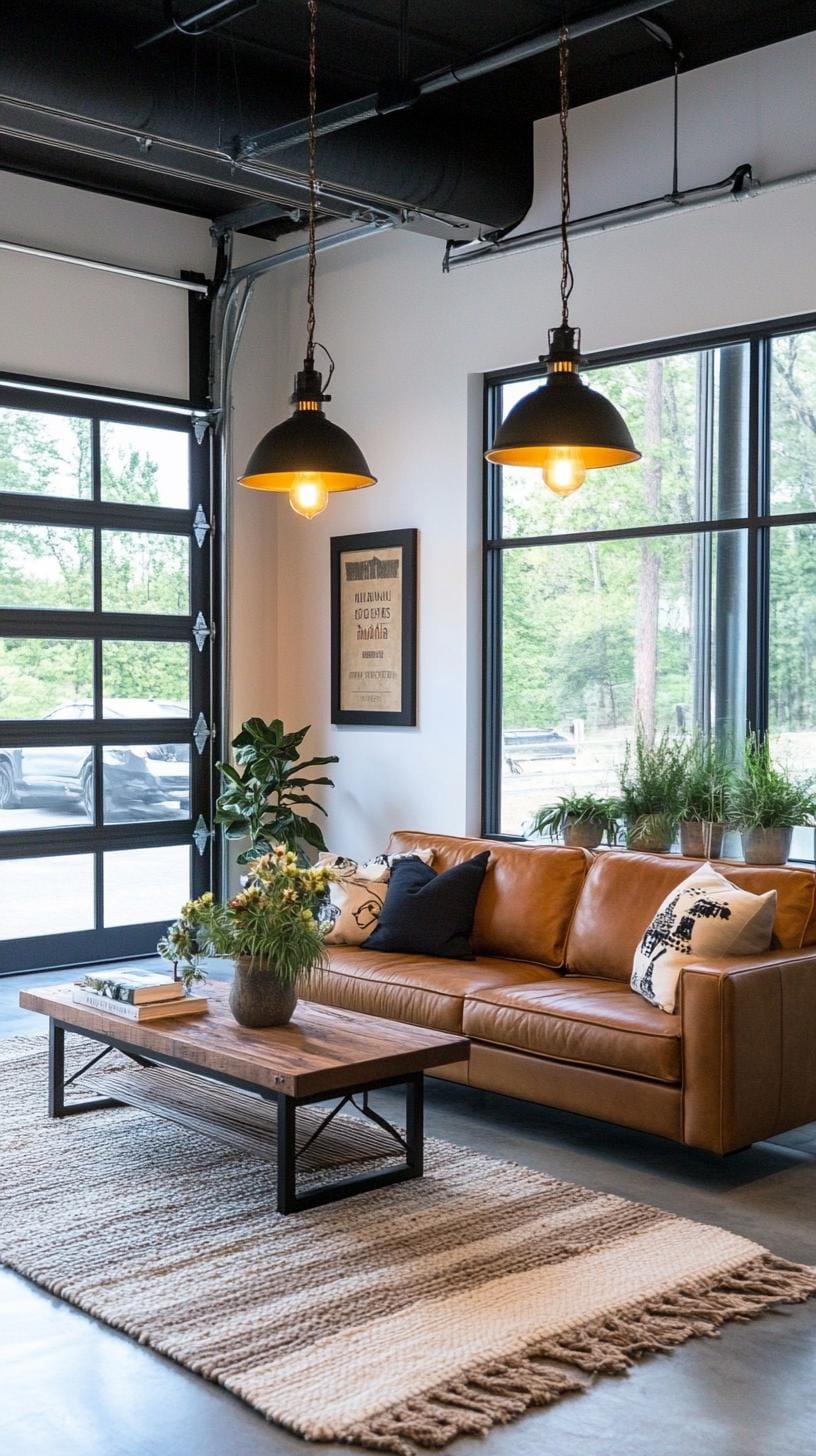 10. Highlight an eclectic industrial farmhouse vibe by blending garage doors as floor-to-ceiling windows with industrial pendant lighting-0