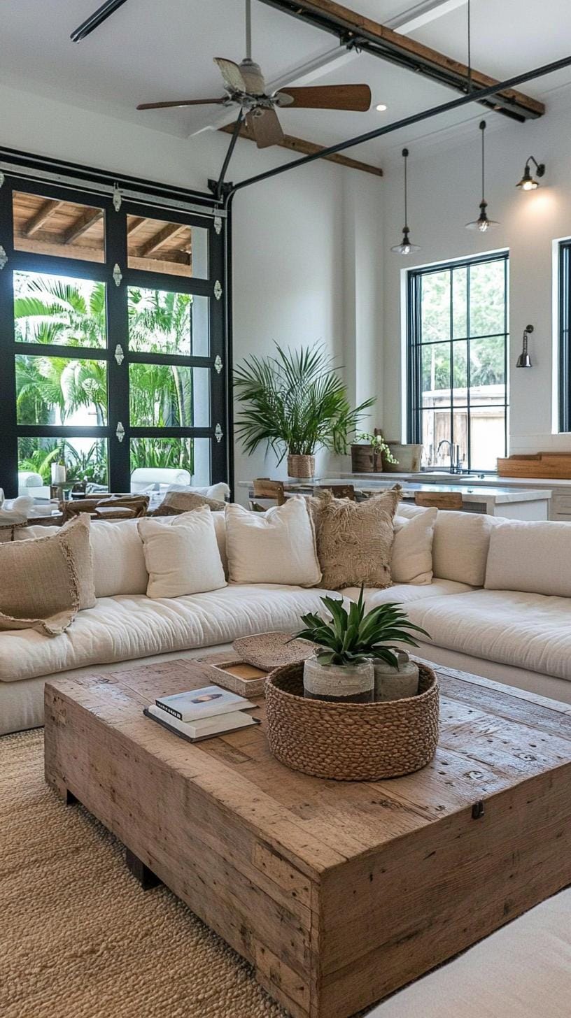 10. Highlight an eclectic industrial farmhouse vibe by blending garage doors as floor-to-ceiling windows with industrial pendant lighting-1