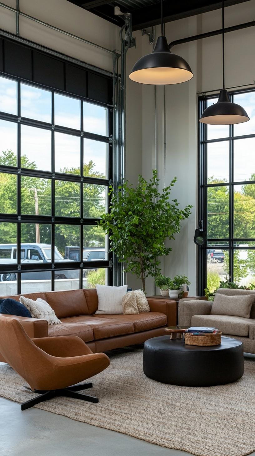 10. Highlight an eclectic industrial farmhouse vibe by blending garage doors as floor-to-ceiling windows with industrial pendant lighting-2