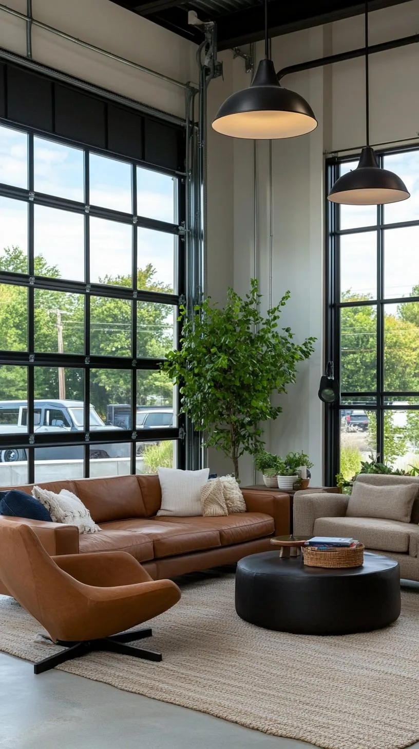 21 Best Industrial Farmhouse Living Room Ideas to Inspire 32 10. Highlight an eclectic industrial farmhouse vibe by blending garage doors as floor-to-ceiling windows with industrial pendant lighting-2