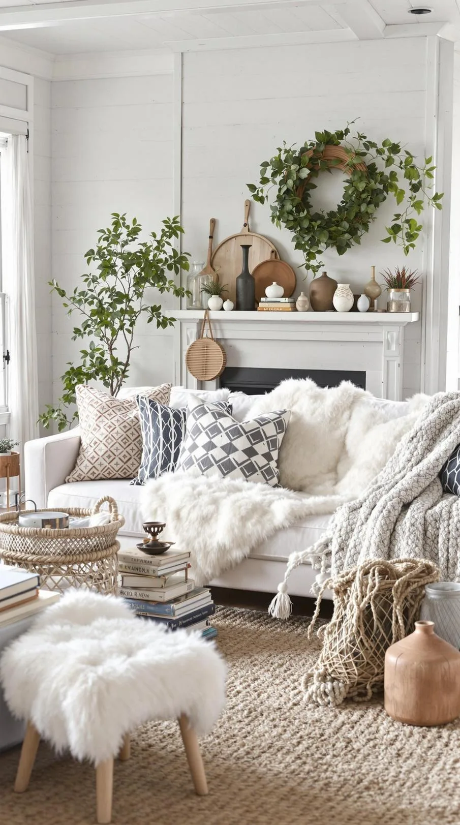 23 Unique Boho Farmhouse Living Room Ideas To Copy 21 7. Hygge Haven: Embrace Scandinavian influences with whitewashed wood, a mix of sheepskin and braided wool throws, alongside a collection of eclectic pottery-0