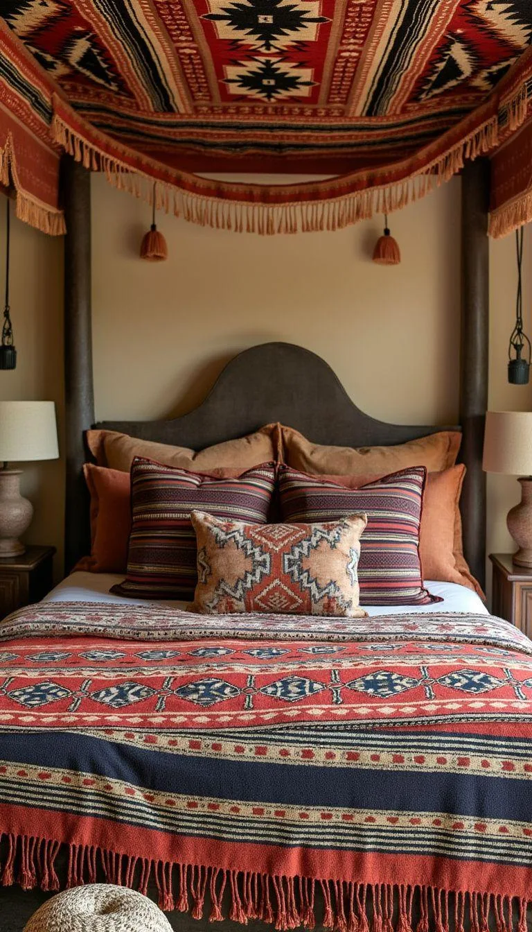 7. Incorporate textiles with bold, Aztec-inspired prints layered over soft, earthy linens on a four-poster bed-0