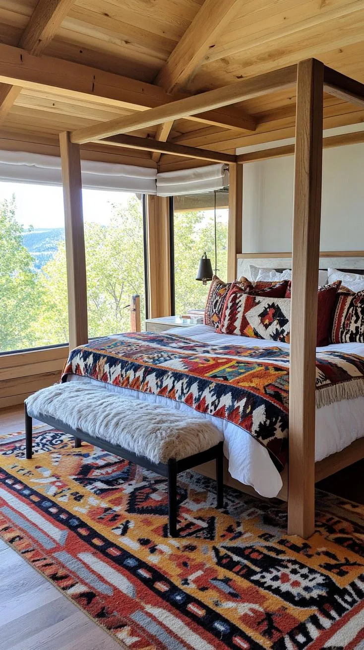 7. Incorporate textiles with bold, Aztec-inspired prints layered over soft, earthy linens on a four-poster bed-1