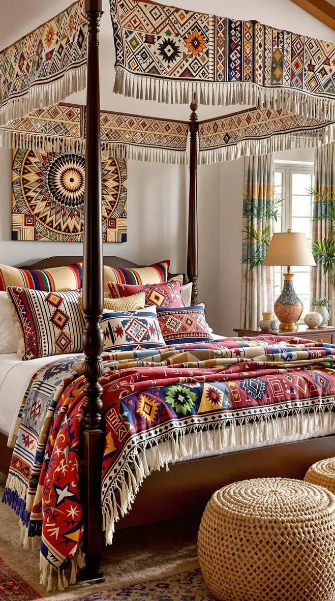 7. Incorporate textiles with bold, Aztec-inspired prints layered over soft, earthy linens on a four-poster bed-2