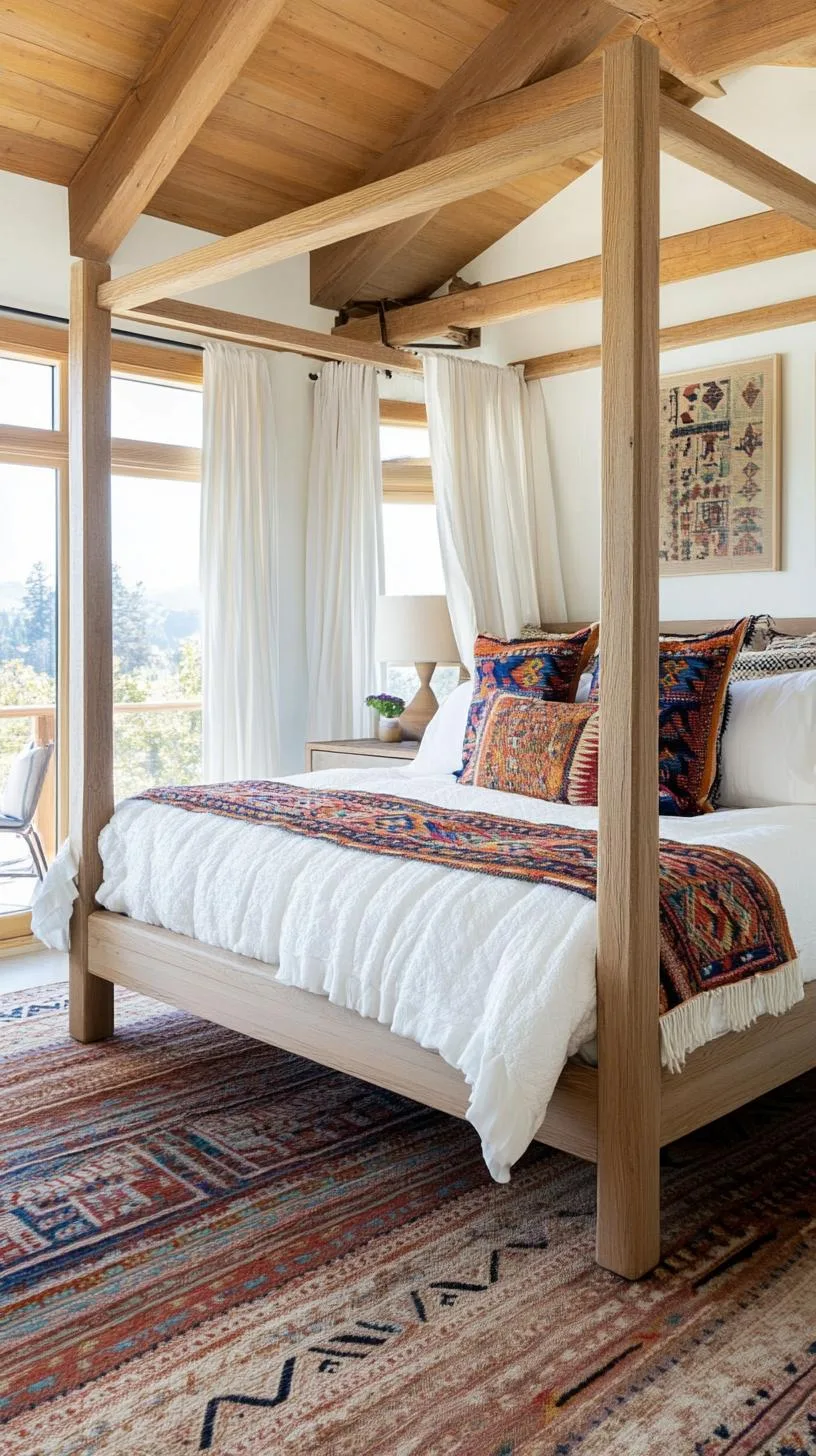 7. Incorporate textiles with bold, Aztec-inspired prints layered over soft, earthy linens on a four-poster bed-3