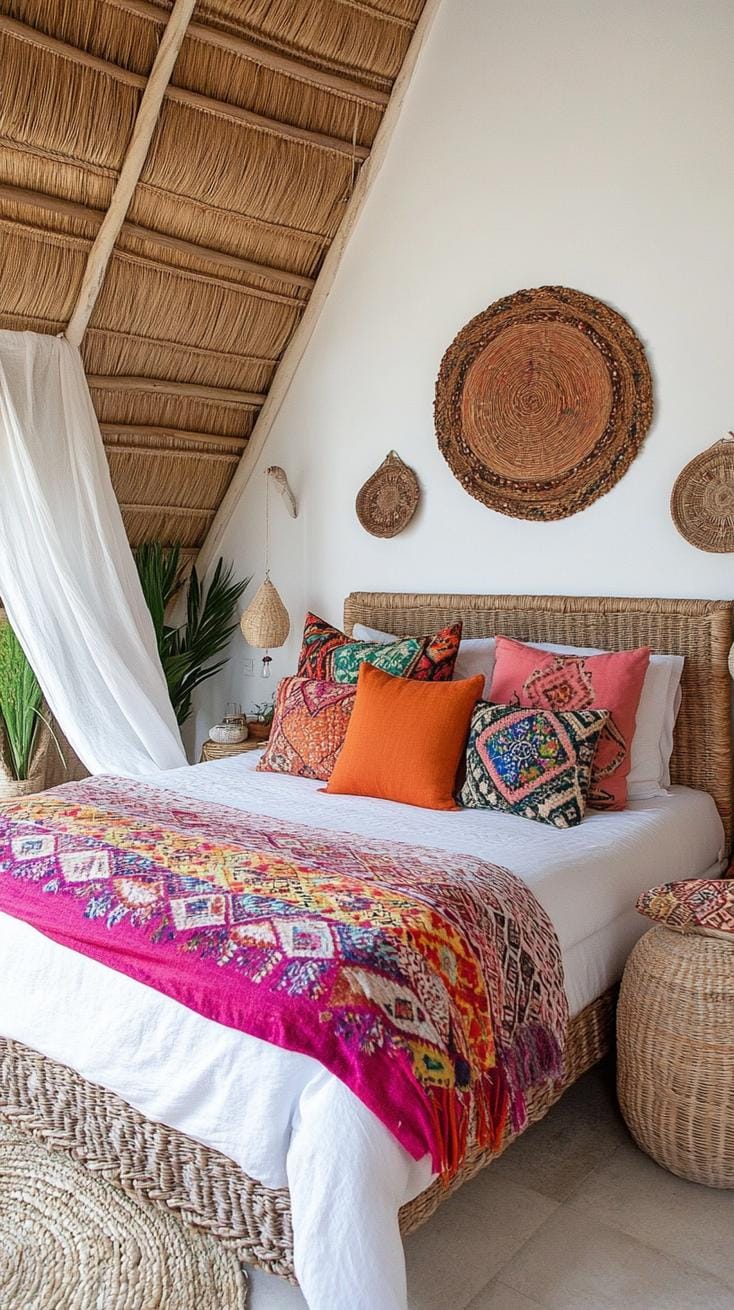 4. Incorporate vibrant bohemian textures and colors with layered fabric drapes, pillows, and a rattan bed-0