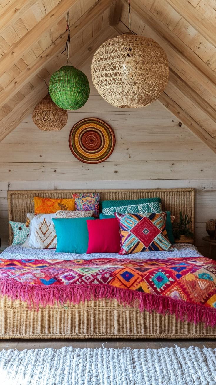 4. Incorporate vibrant bohemian textures and colors with layered fabric drapes, pillows, and a rattan bed-1