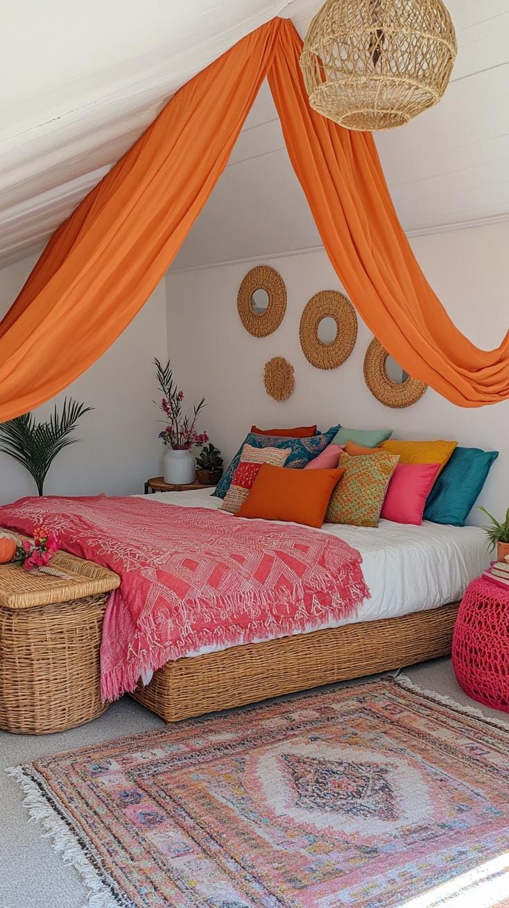 4. Incorporate vibrant bohemian textures and colors with layered fabric drapes, pillows, and a rattan bed-2