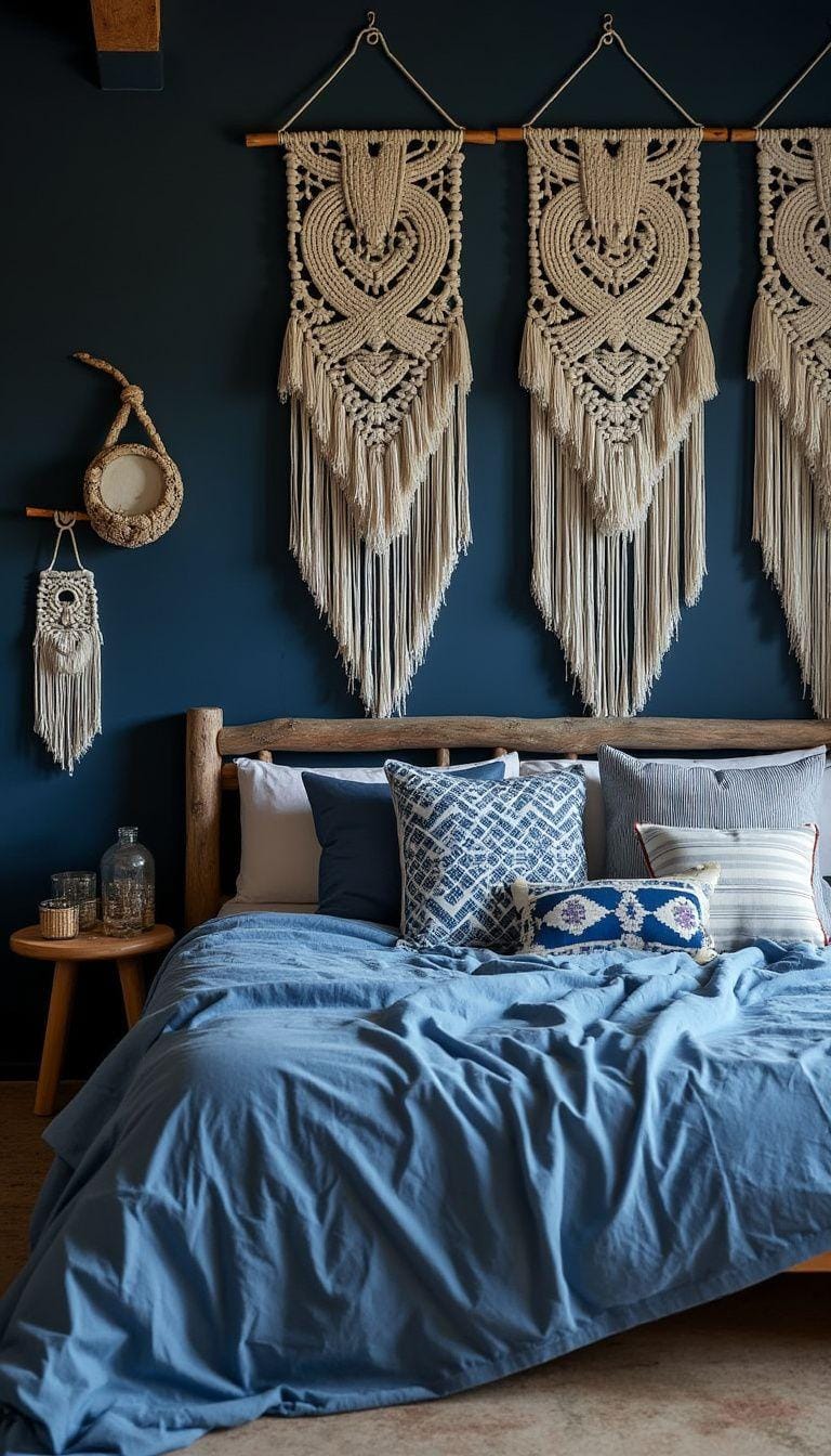 1. Indigo Dreams: A mix of deep indigo hues with natural wood accents and macramé wall hangings-0