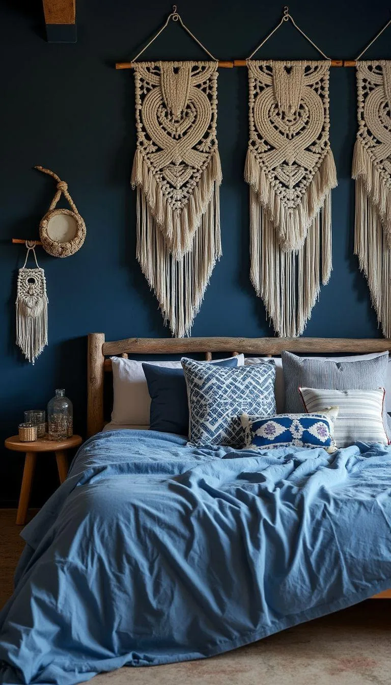 1. Indigo Dreams: A mix of deep indigo hues with natural wood accents and macramé wall hangings-0