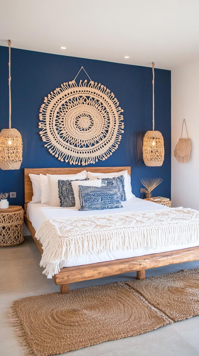 1. Indigo Dreams: A mix of deep indigo hues with natural wood accents and macramé wall hangings-1