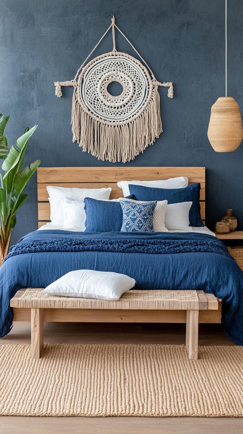 1. Indigo Dreams: A mix of deep indigo hues with natural wood accents and macramé wall hangings-2