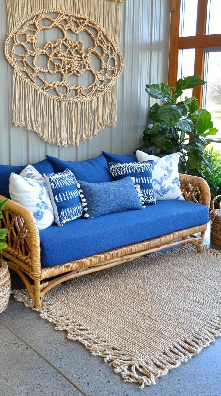 1. Indigo Dreams: A mix of deep indigo hues with natural wood accents and macramé wall hangings-3