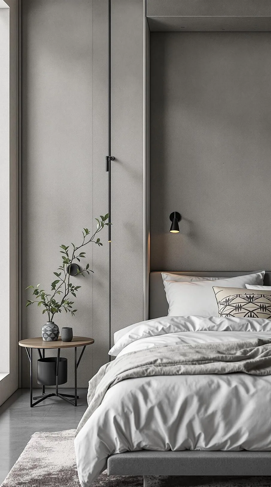 20 New Minimalist Bedroom Ideas to Inspire Your 2025 Refresh 22 4. Industrial Elegance: Pair concrete walls with minimalist metal fixtures and soft textiles-1