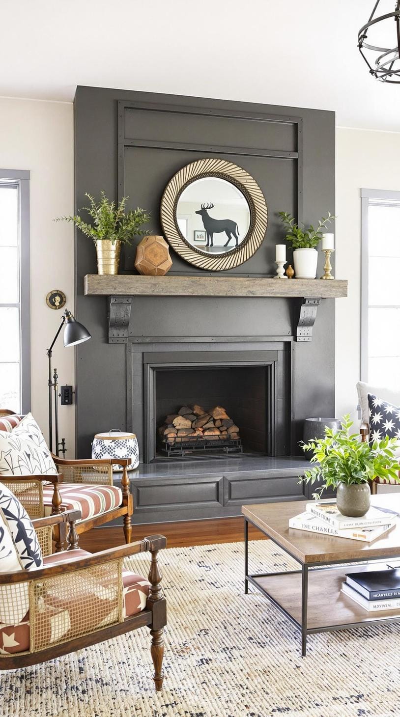 7. Insert a statement industrial farmhouse fireplace with a cast iron mantel, surrounded by a mix of vintage and contemporary furniture-0