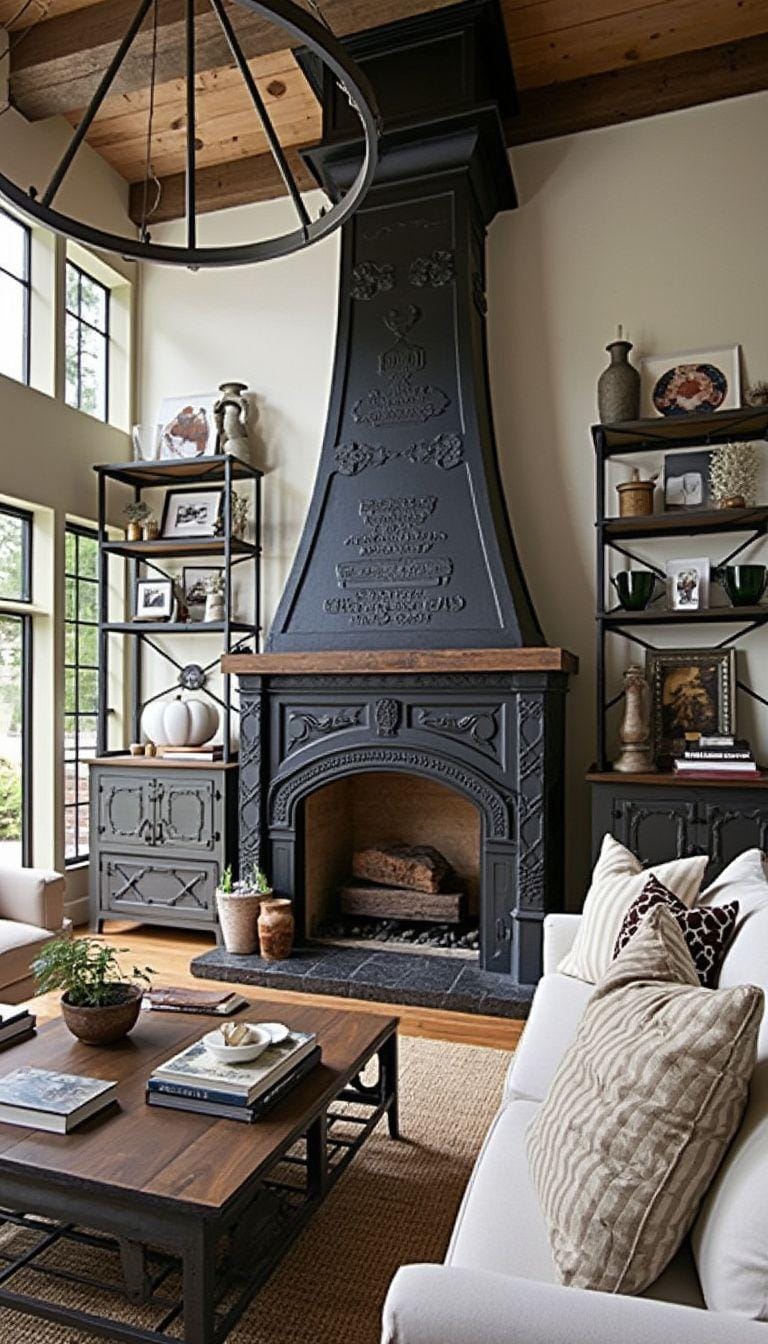 7. Insert a statement industrial farmhouse fireplace with a cast iron mantel, surrounded by a mix of vintage and contemporary furniture-2