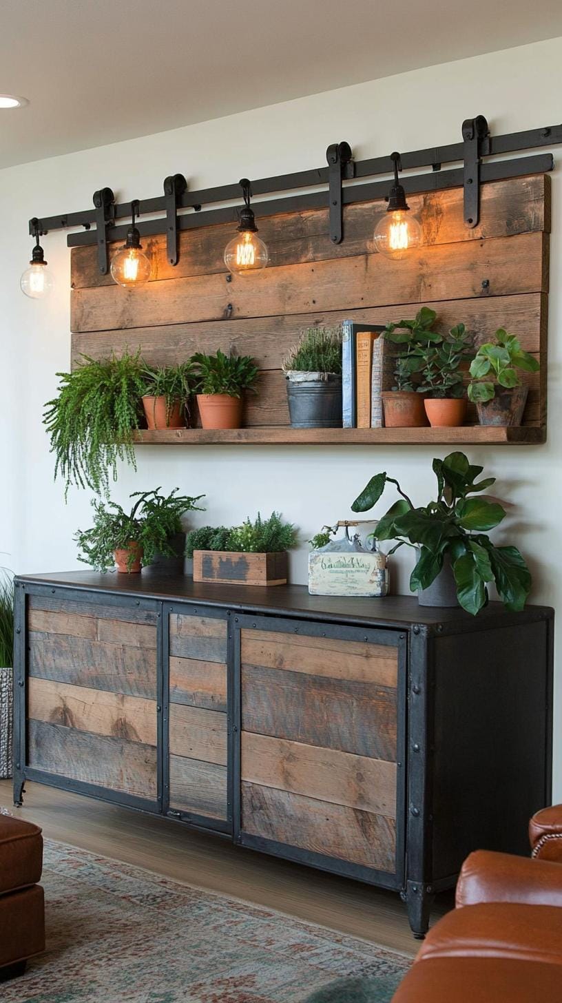 5. Integrate a wall-mounted metal storage unit amidst a palette of warm earth tones and vintage Edison bulb light fixtures-0