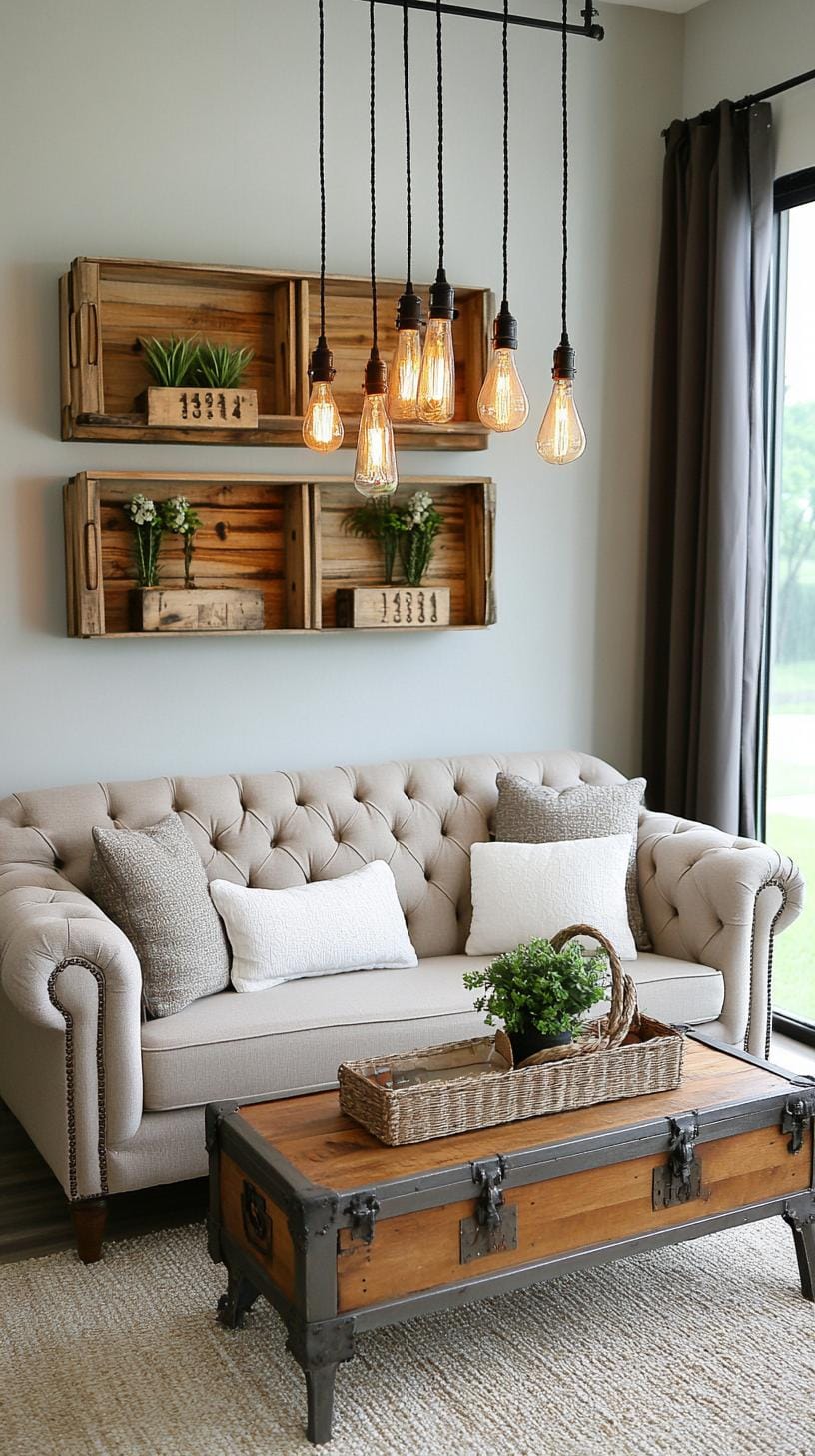 5. Integrate a wall-mounted metal storage unit amidst a palette of warm earth tones and vintage Edison bulb light fixtures-1