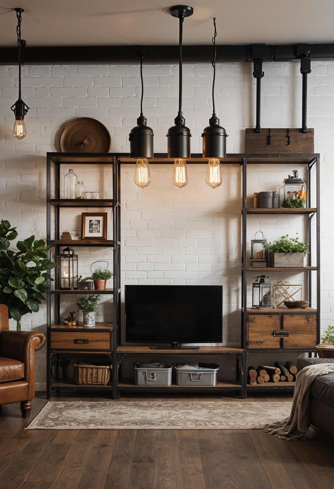 5. Integrate a wall-mounted metal storage unit amidst a palette of warm earth tones and vintage Edison bulb light fixtures-2