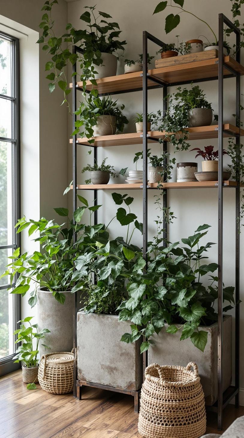 14. Integrate natural greenery amidst a setup of concrete planters and rusty metal shelves, enveloped in soft moody lighting-0