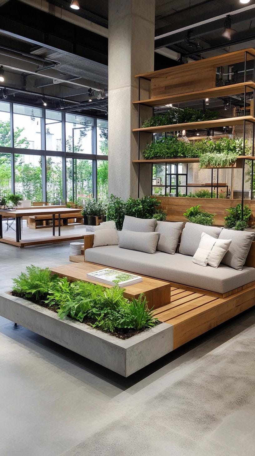 14. Integrate natural greenery amidst a setup of concrete planters and rusty metal shelves, enveloped in soft moody lighting-1