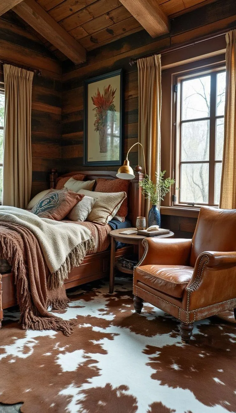 5. Integrate vintage cowhide rugs and a distressed leather armchair to create a cozy reading space-0