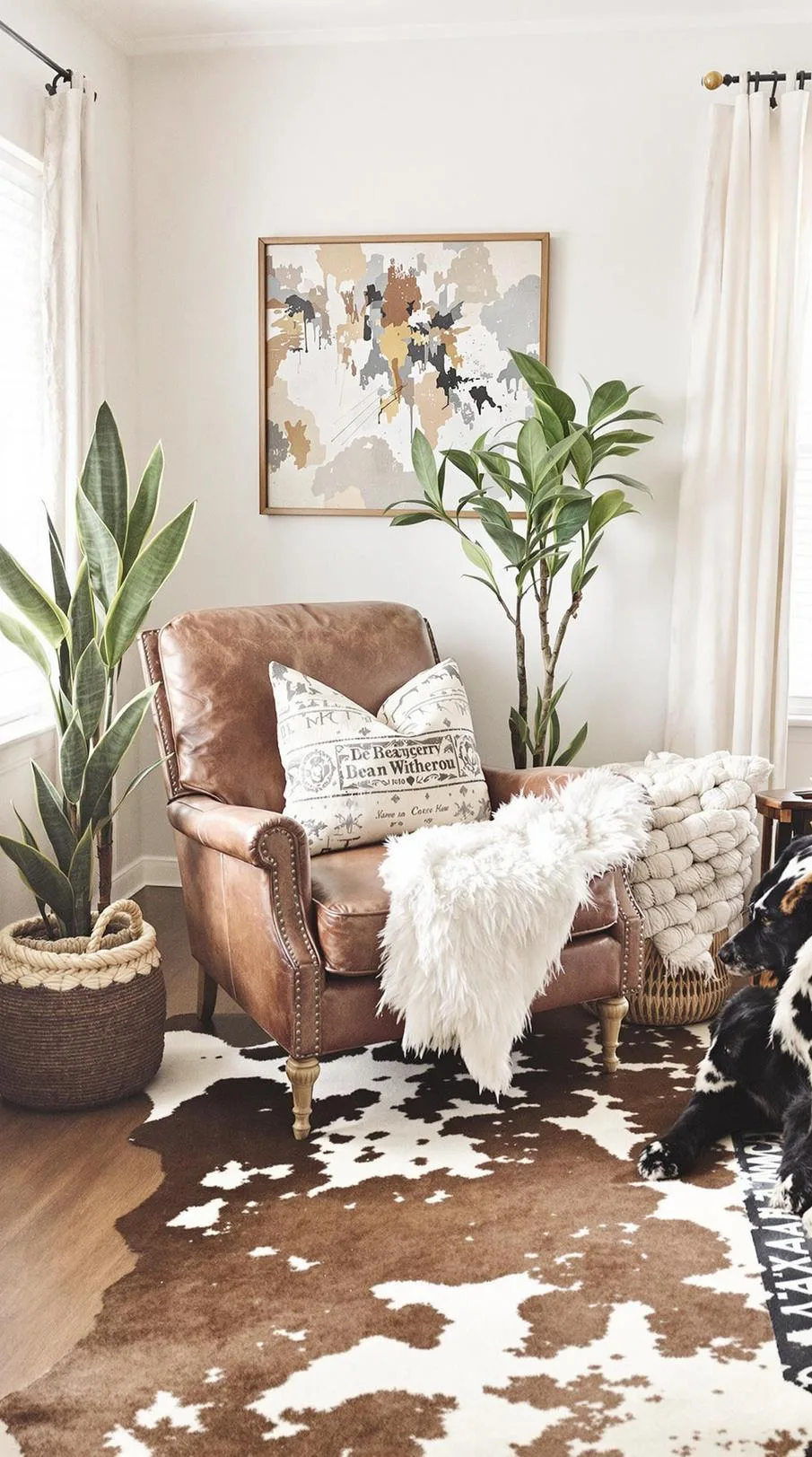 5. Integrate vintage cowhide rugs and a distressed leather armchair to create a cozy reading space-1
