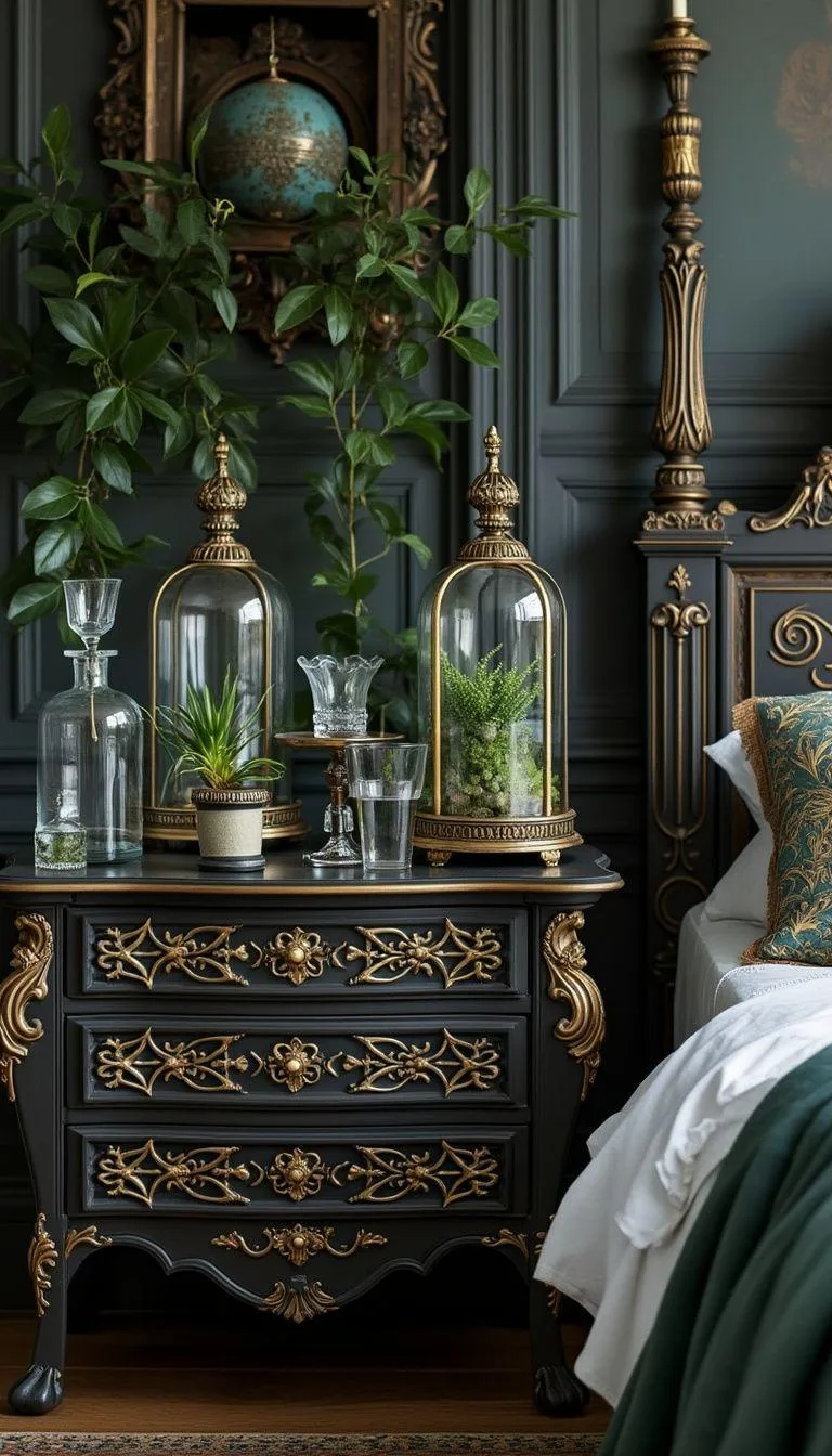19. Intricately carved nightstands boasting gold inlays, topped by terrariums with air plants and vintage glassware-0