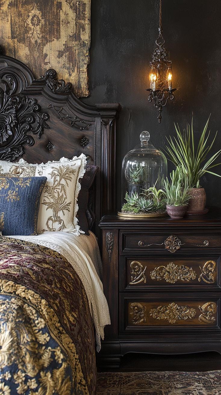 19. Intricately carved nightstands boasting gold inlays, topped by terrariums with air plants and vintage glassware-1