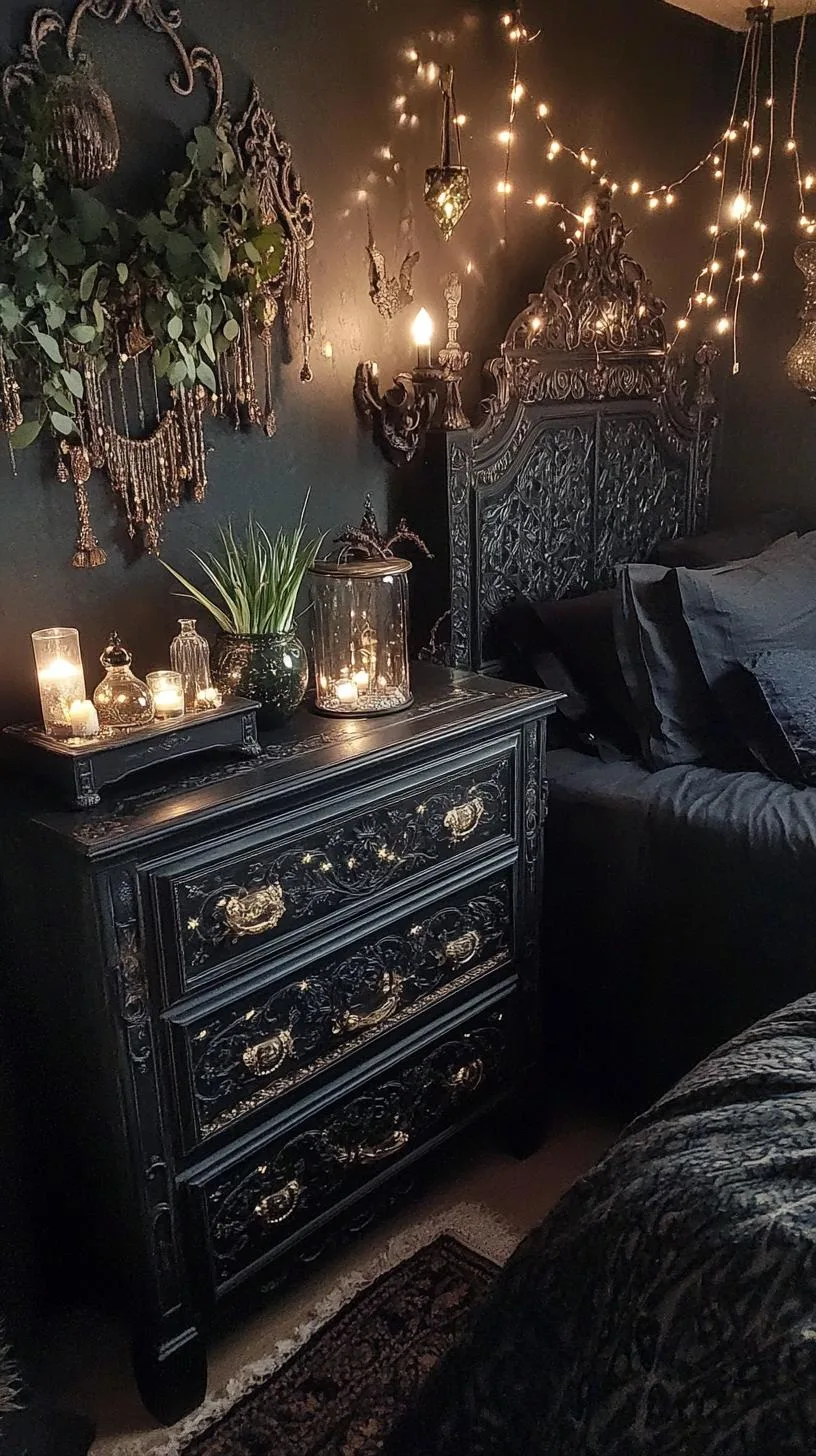19. Intricately carved nightstands boasting gold inlays, topped by terrariums with air plants and vintage glassware-2
