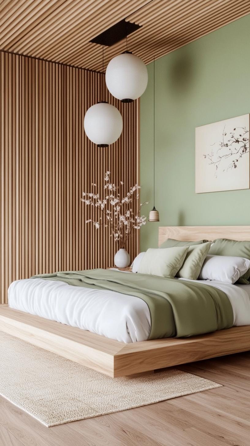 25. Japanese wabi-sabi style bedroom embracing sage green slatted walls and minimal decor-2