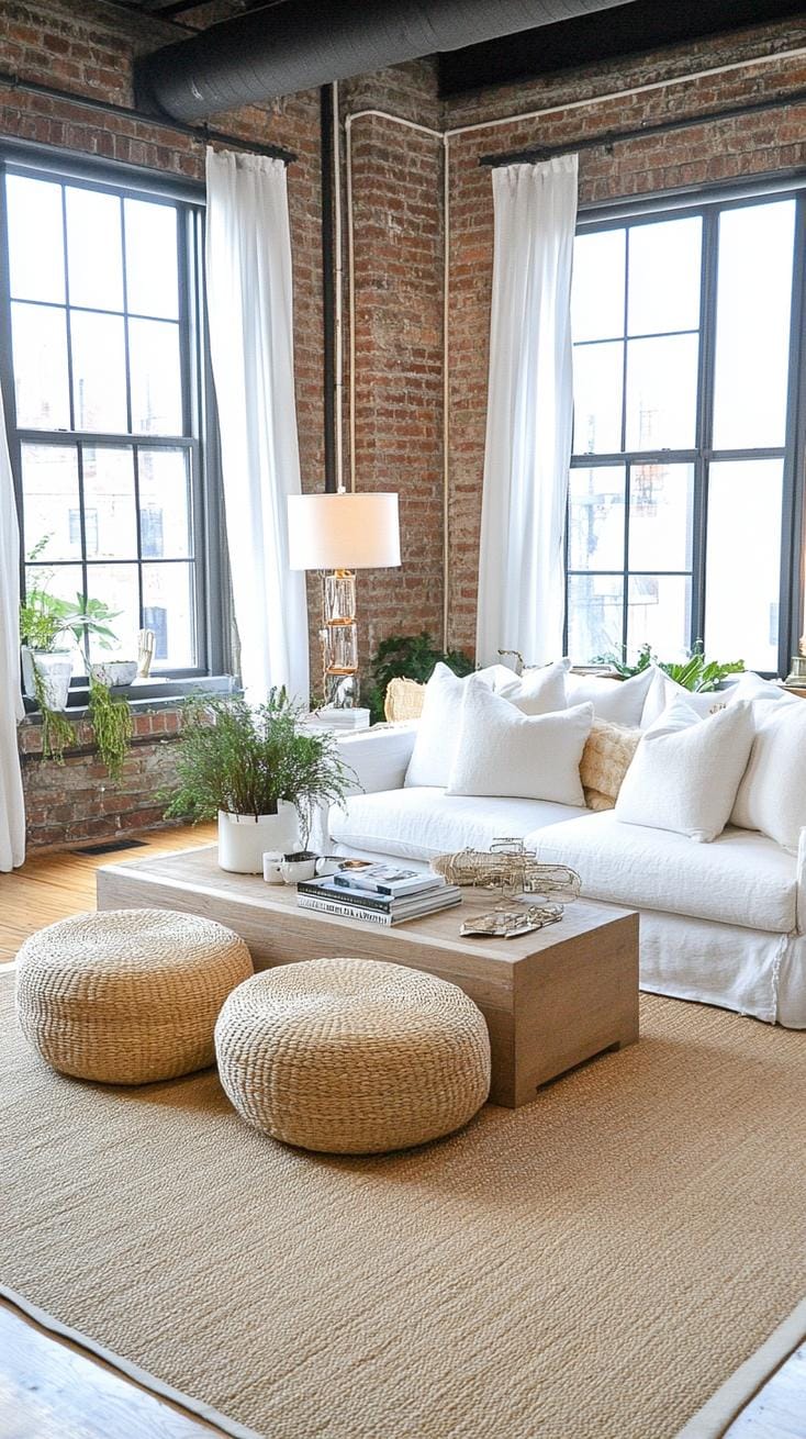 15. Juxtapose large industrial windows with layered linen curtains and jute ottomans for a touch of casual sophistication-0