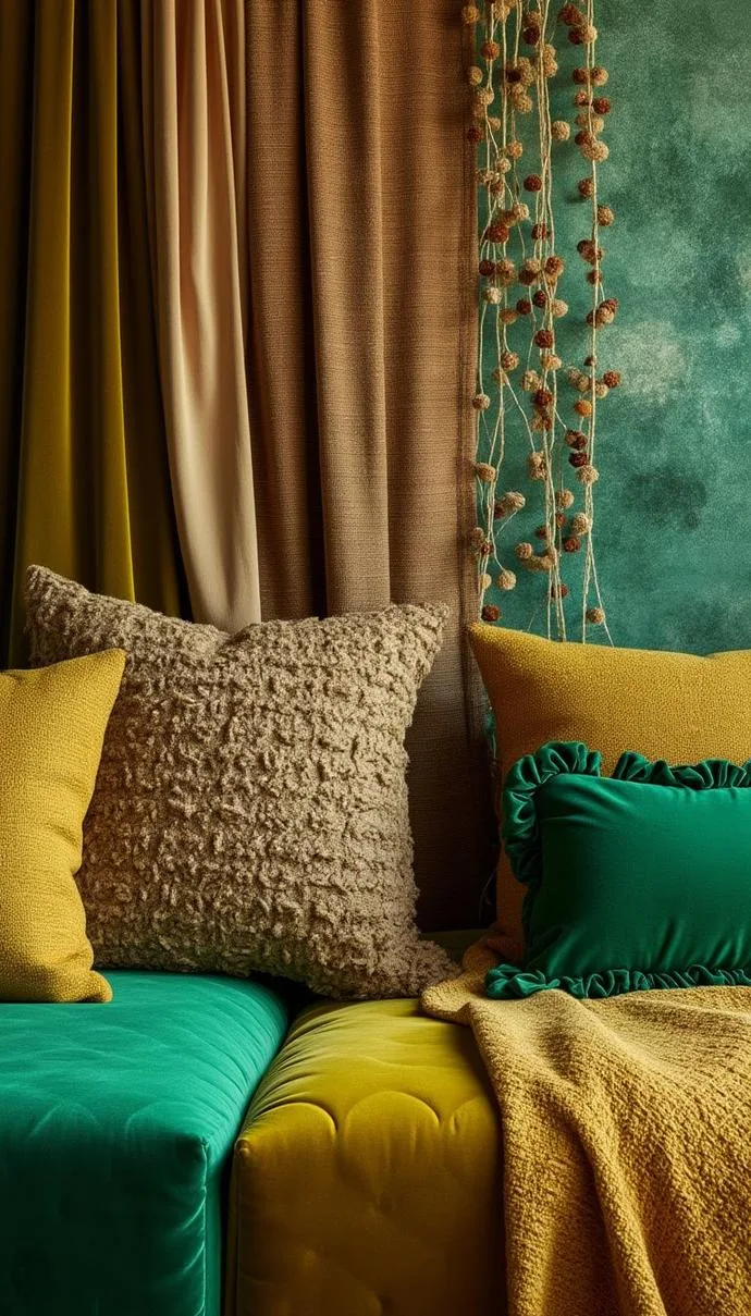 21 Colorful Boho Bedroom Ideas for a Whimsical Hippie Vibe 25 9. Juxtaposing Textures: Use earthy browns mixed with neon greens over soft velvets and rough burlaps-0