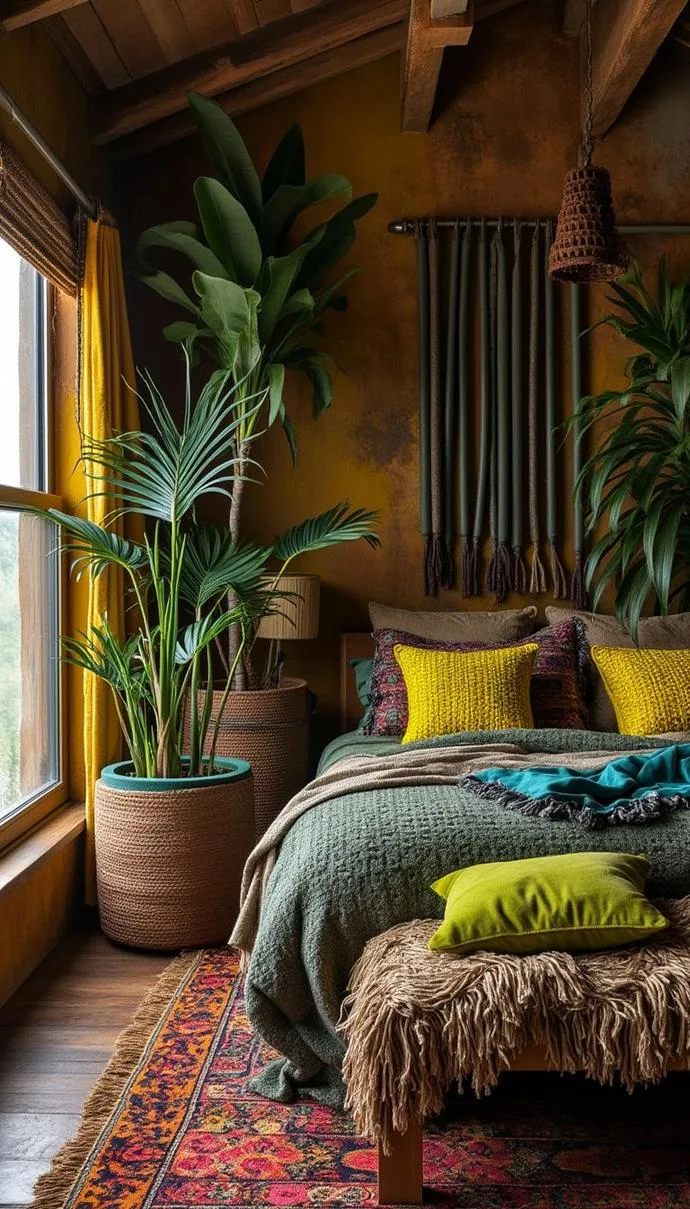 21 Colorful Boho Bedroom Ideas for a Whimsical Hippie Vibe 26 9. Juxtaposing Textures: Use earthy browns mixed with neon greens over soft velvets and rough burlaps-1