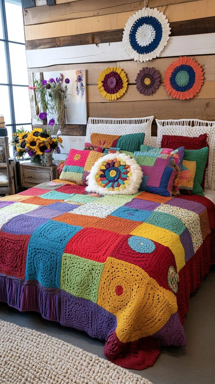 21 Colorful Boho Bedroom Ideas for a Whimsical Hippie Vibe 59 21. Kaleidoscope Cabin: Choose rich jewel tones in a rainbow spectrum, with overlapping elements and patchwork designs-0