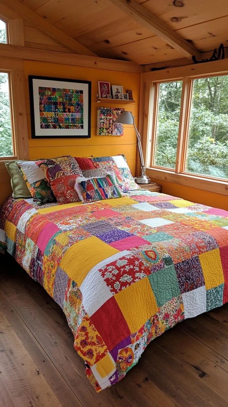 21 Colorful Boho Bedroom Ideas for a Whimsical Hippie Vibe 60 21. Kaleidoscope Cabin: Choose rich jewel tones in a rainbow spectrum, with overlapping elements and patchwork designs-1