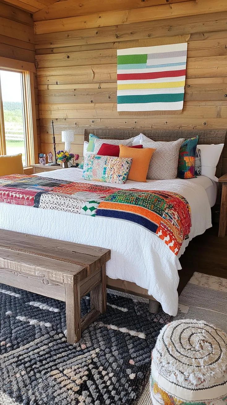 21 Colorful Boho Bedroom Ideas for a Whimsical Hippie Vibe 61 21. Kaleidoscope Cabin: Choose rich jewel tones in a rainbow spectrum, with overlapping elements and patchwork designs-2