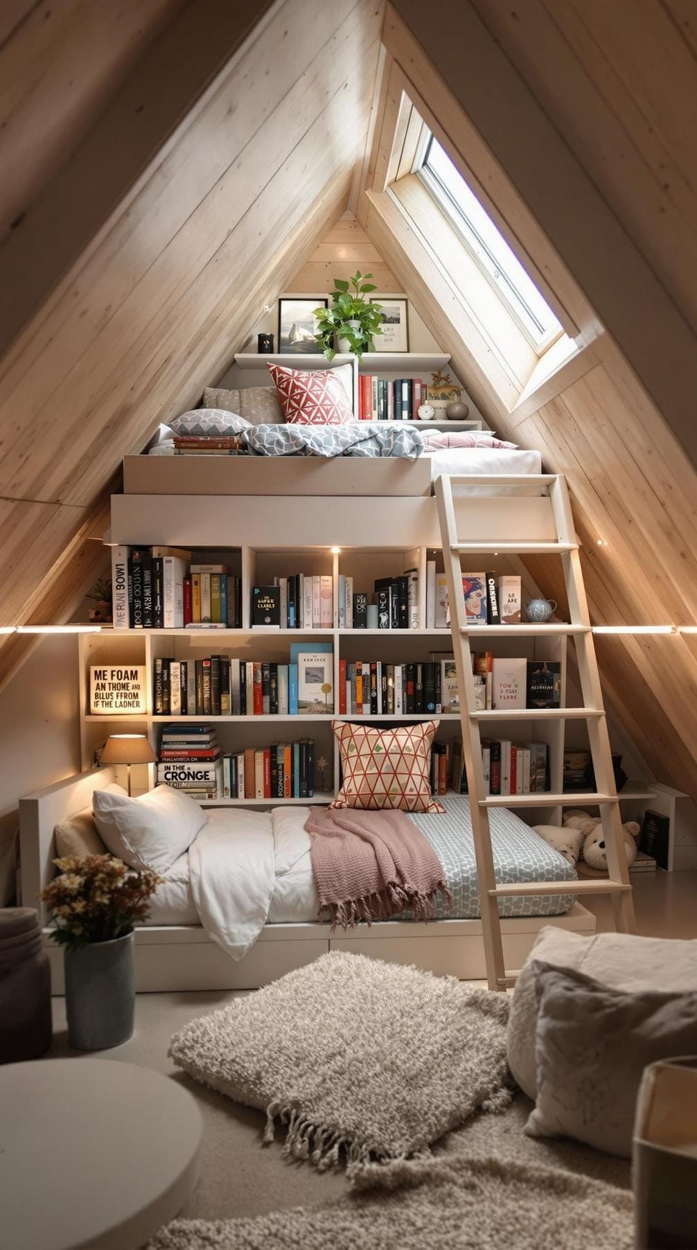 14. Ladder-Accessible Library Loft: Use a loft-style mini-library accessible by a compact ladder-0