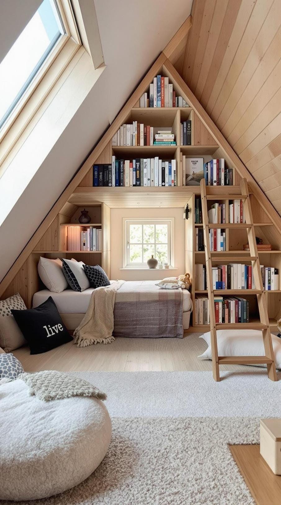 14. Ladder-Accessible Library Loft: Use a loft-style mini-library accessible by a compact ladder-1