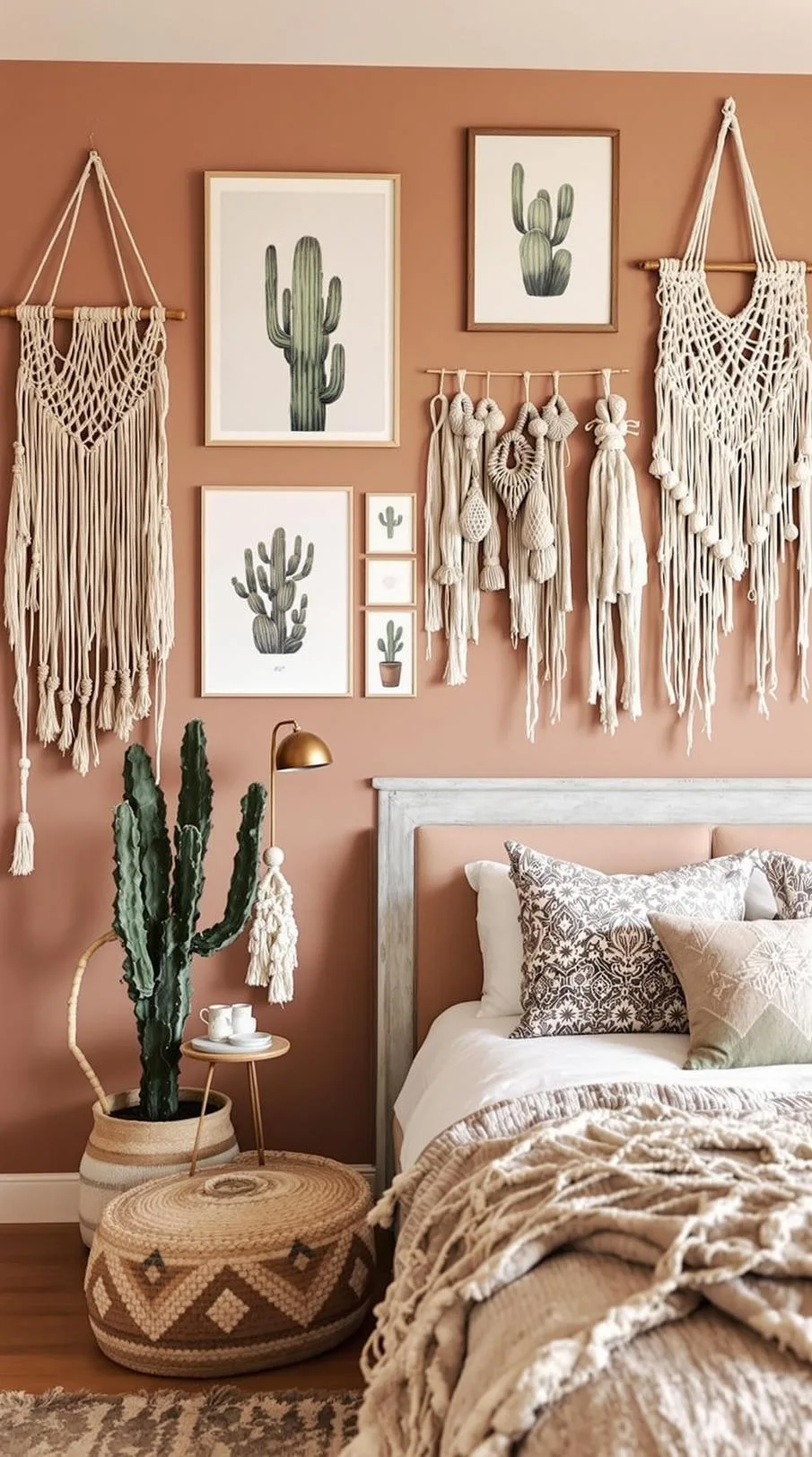 2. Layer cacti-themed prints and macramé hangings against muted, clay-toned walls-0