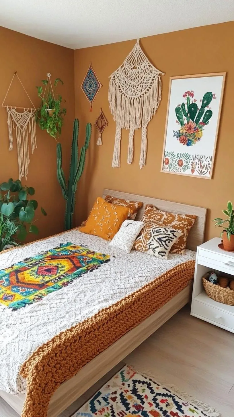 2. Layer cacti-themed prints and macramé hangings against muted, clay-toned walls-1