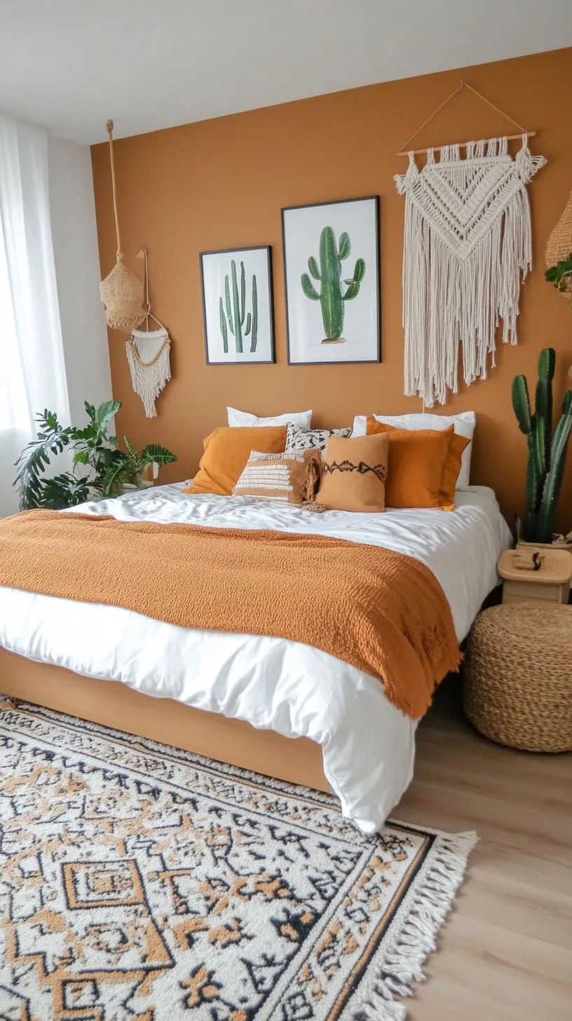 2. Layer cacti-themed prints and macramé hangings against muted, clay-toned walls-2