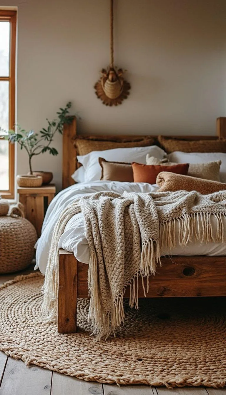 14. Layer jute rugs atop each other to add dimension beneath a rustic, wooden bed frame with a mix of knitted throws-0