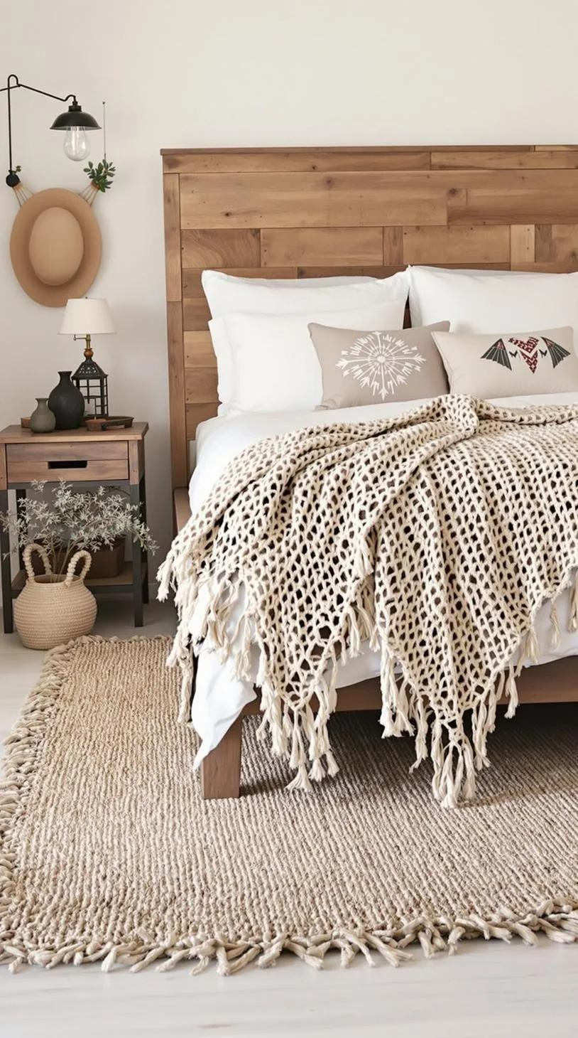 14. Layer jute rugs atop each other to add dimension beneath a rustic, wooden bed frame with a mix of knitted throws-1