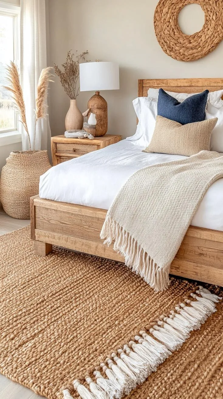 14. Layer jute rugs atop each other to add dimension beneath a rustic, wooden bed frame with a mix of knitted throws-2