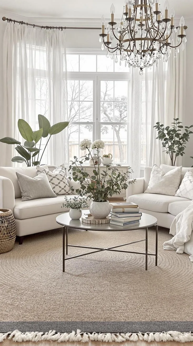 23 Unique Boho Farmhouse Living Room Ideas To Copy 27 9. Layered Luxe: Combine layered rugs made of jute and wool underfoot to enhance warmth, and include lace curtains and a statement chandelier for elegance-0