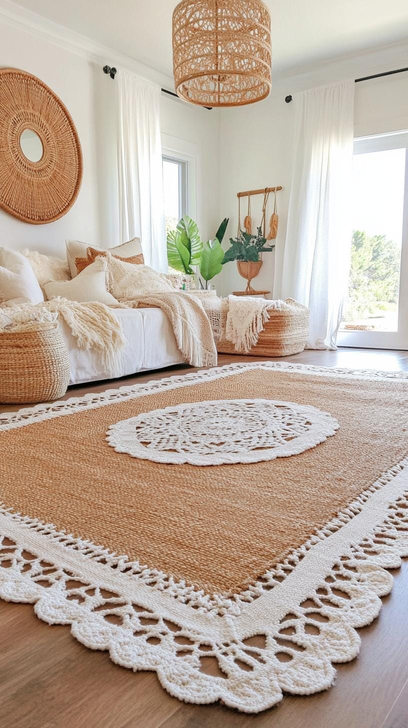 9. Layered Luxe: Combine layered rugs made of jute and wool underfoot to enhance warmth, and include lace curtains and a statement chandelier for elegance-1