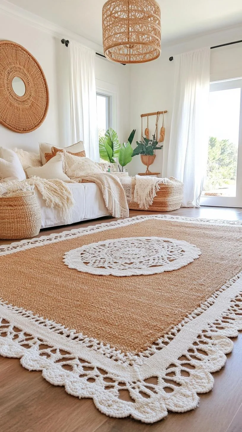 23 Unique Boho Farmhouse Living Room Ideas To Copy 28 9. Layered Luxe: Combine layered rugs made of jute and wool underfoot to enhance warmth, and include lace curtains and a statement chandelier for elegance-1