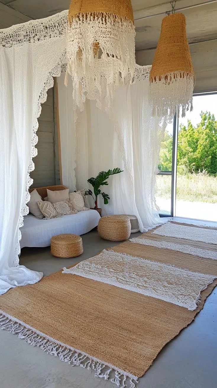 23 Unique Boho Farmhouse Living Room Ideas To Copy 29 9. Layered Luxe: Combine layered rugs made of jute and wool underfoot to enhance warmth, and include lace curtains and a statement chandelier for elegance-2